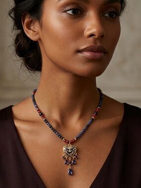 Artisan Gold tone Filigree Heart Pendant Necklace with Sapphire, Ruby & pearls